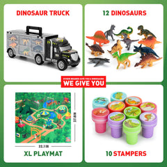 Mobius Toys Dinosaur Truck Carrier side view, easy loading with detachable trailer
