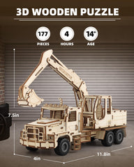 MOCBURIKU excavator wood parts closeup highlights precise laser-cut craftsmanship.