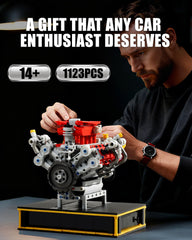 MOCBURIKU Mini V8 Engine Kit display stand showcases the model.