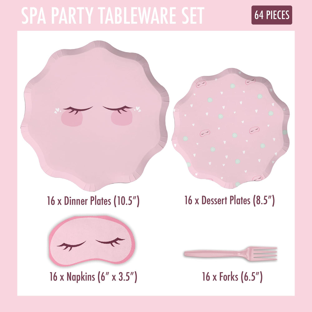 Modern Whimsy spa party dessert plates with cake and treats in pink theme