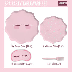 Modern Whimsy spa party dessert plates with cake and treats in pink theme