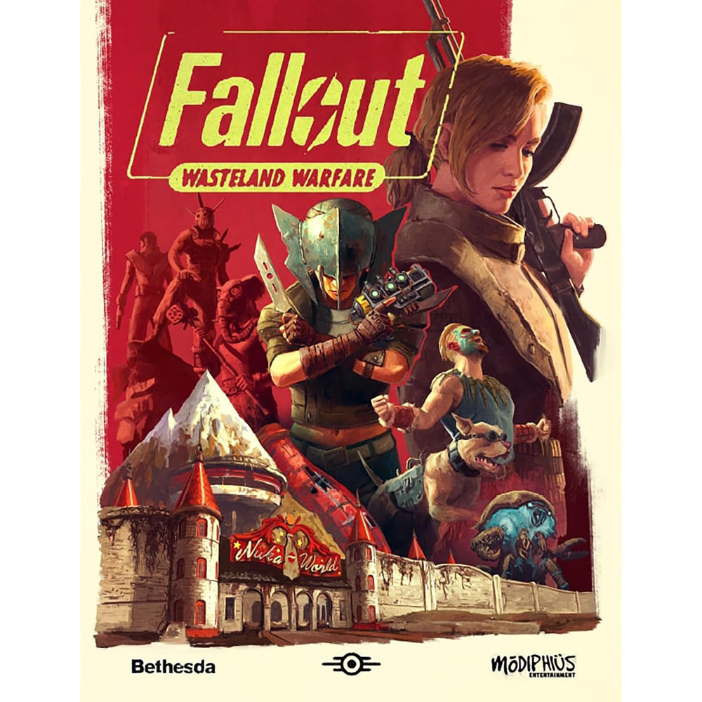 Modiphius Fallout Factions Nuka-World scene miniatures in action.