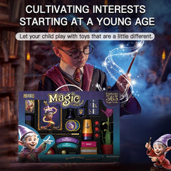 Child practicing a trick with wand and cards from Mofari kit