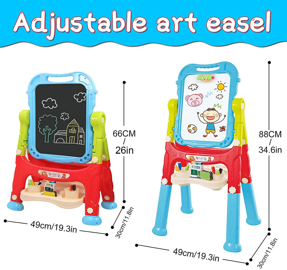 Mojitodon double-sided magnetic board easel supports dry erase and chalk drawing.