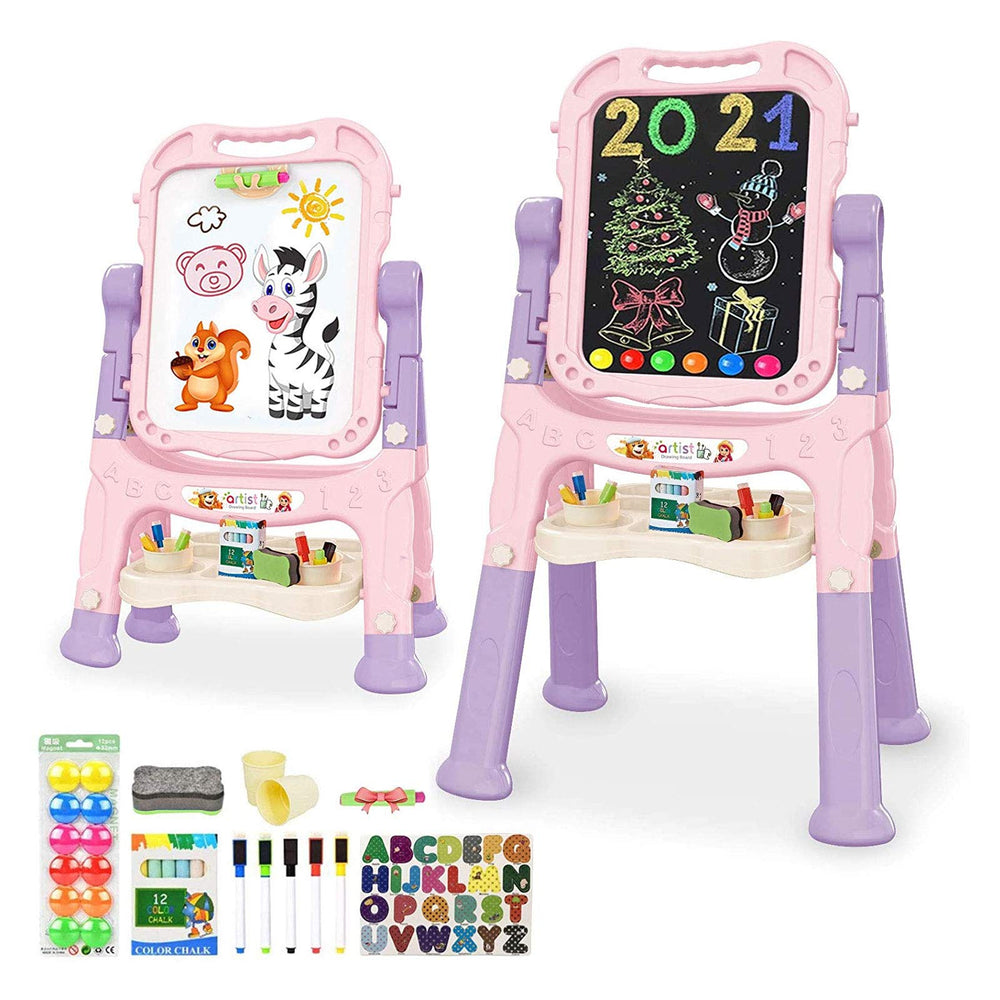 Mojitodon pink art easel rotated 360 degrees for versatile kid art sessions.