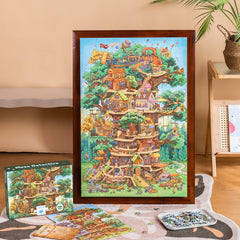 MOMIBOOK family puzzle night scene depicts cozy group activity.