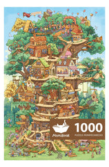 MOMIBOOK Tree House Expedition puzzle cover with vibrant artwork for engaging family puzzle nights.