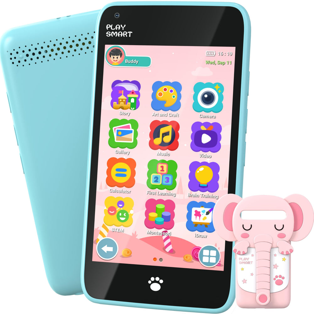 Momilla Kids Phone front view shows a kid-friendly touchscreen for learning on the go.