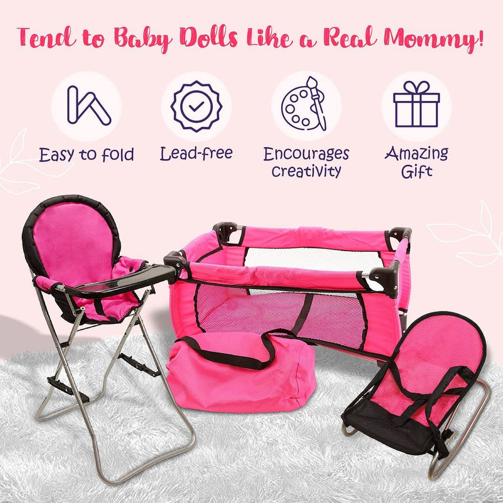 Mommy & Me pink doll high chair enables feeding play for 18-inch dolls.