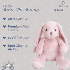 MON AMI Rosie bunny with velvety fur enhances bedtime comfort and playtime in soft pastel tones.