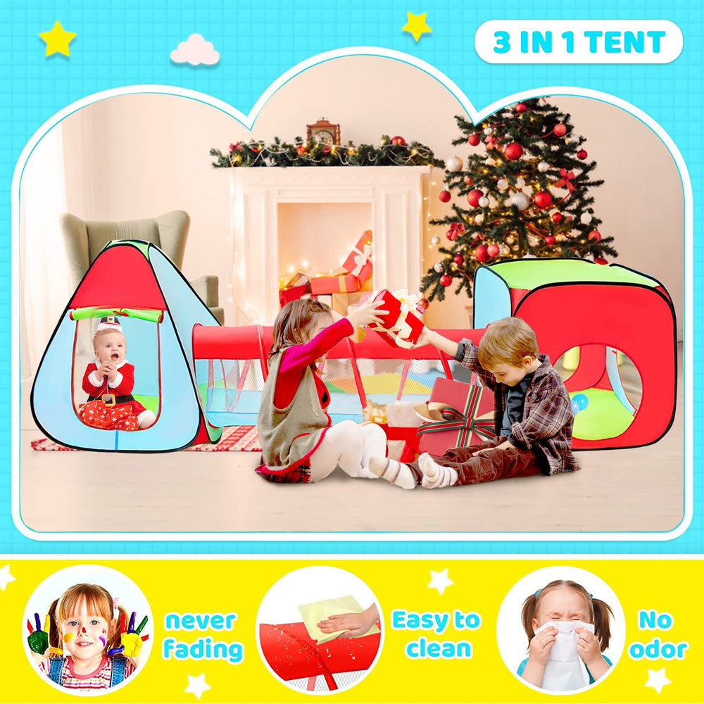 Moncoland 3pc tent with bright red, green, blue colors
