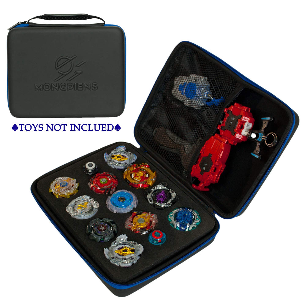 MONGPIENS Battling Tops Case closed, showing convenient carrying handle for portability.