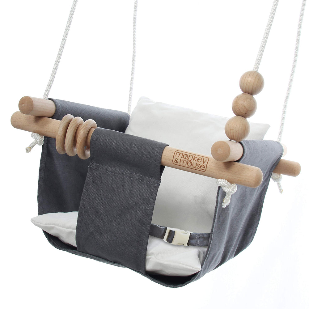 Monkey & Mouse grey-white baby swing with secure bucket seat for safe indoor use