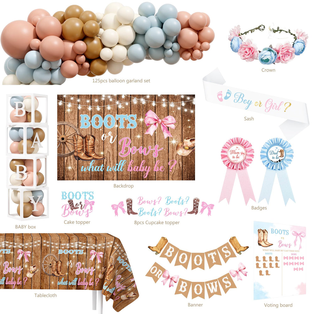 Monnberry baby shower boots-bows banner enhances western themed party with festive flair.