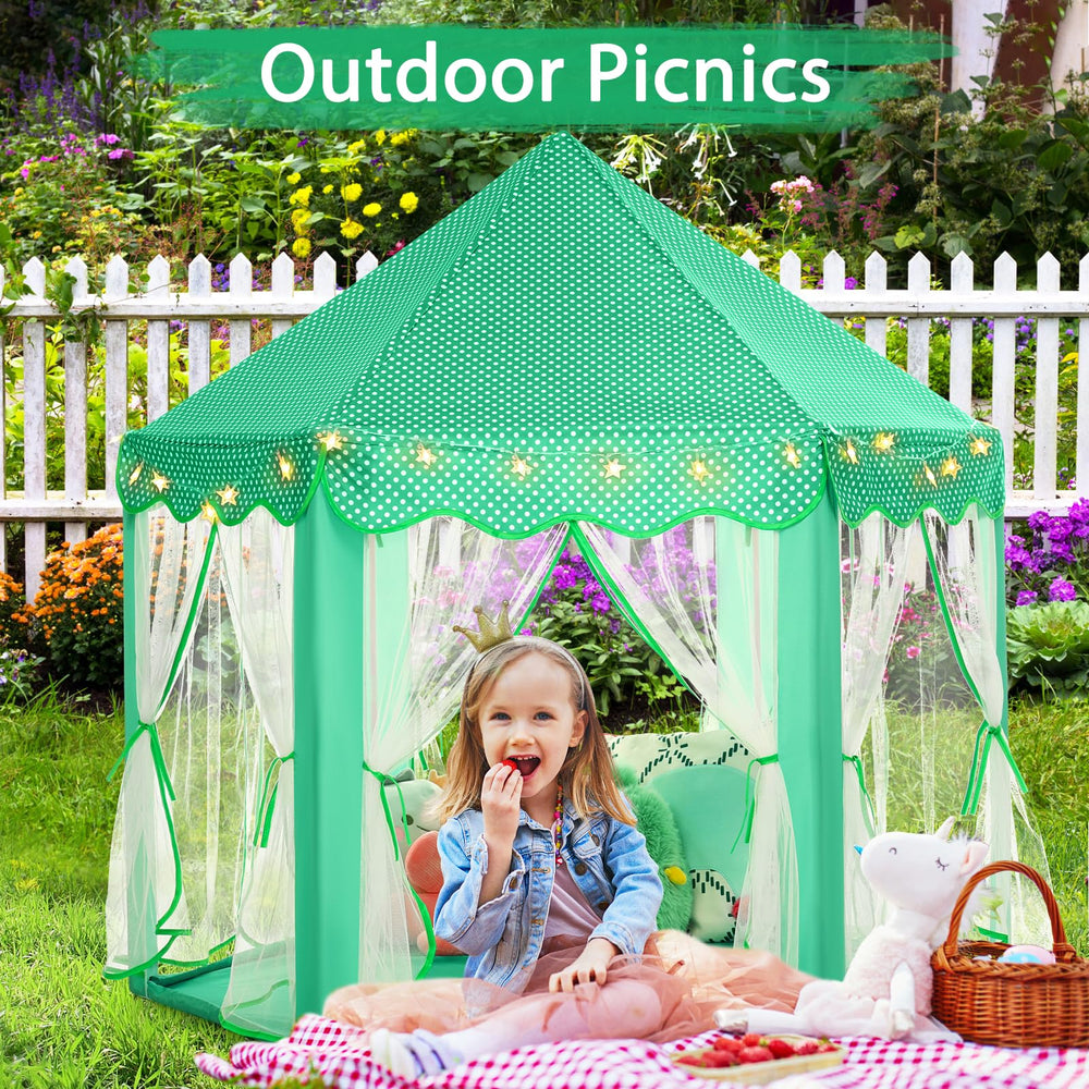 Monobeach Princess Tent shows children playing and exploring in a vivid green castle.