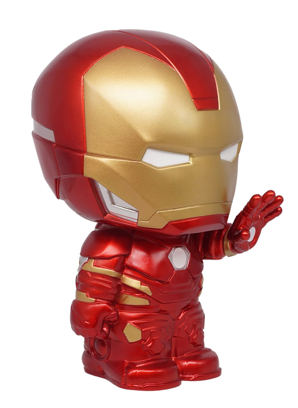Monogram Iron Man figural bank side view on a desk.