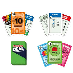 Monopoly Deal property cards show color coded sets for swift strategy