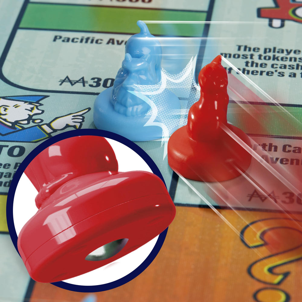 Monopoly Knockout tokens collide on the board for playful tension