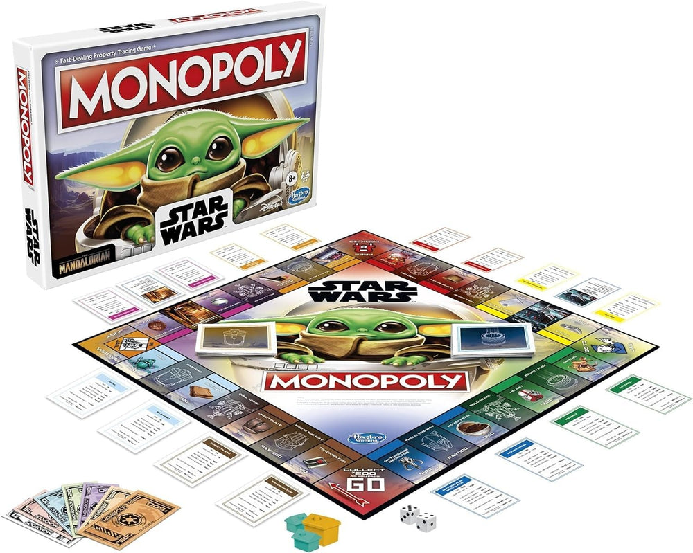 Family playing Monopoly Star Wars The Child Edition at a table