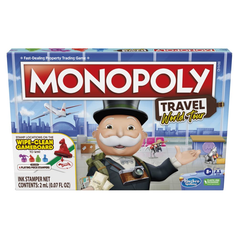 Monopoly Travel World Tour dry-erase gameboard for fresh routes and repeatable play