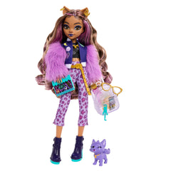 Monster High Clawdeen Wolf doll in a fierce purple outfit for imaginative play.