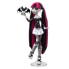 Monster High Draculaura Reel Drama doll in black and white, ideal for display and imaginative play.