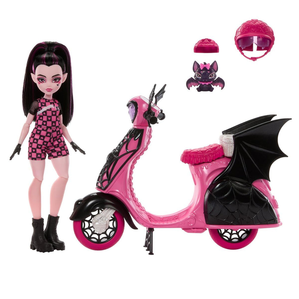 Monster High Draculaura scooter doll-in-hand, easy pose for photos and storytelling.