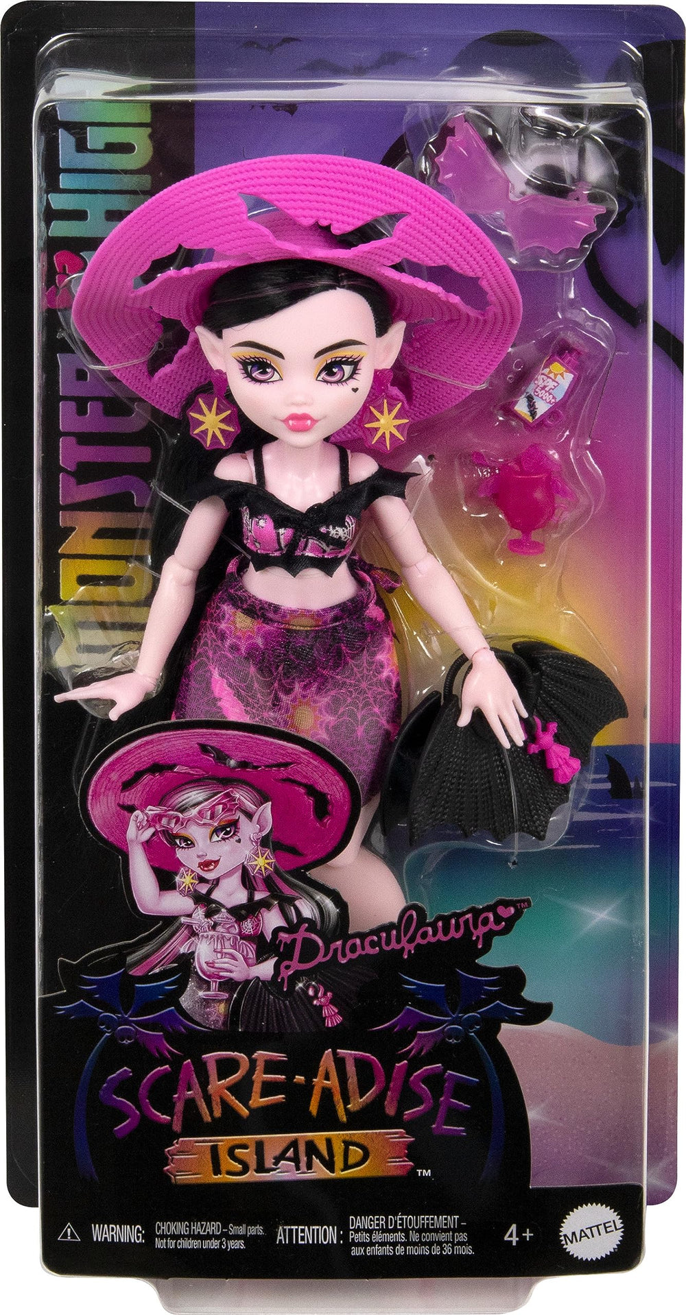 Monster High Draculaura spiderweb earrings complete a playful beach look.
