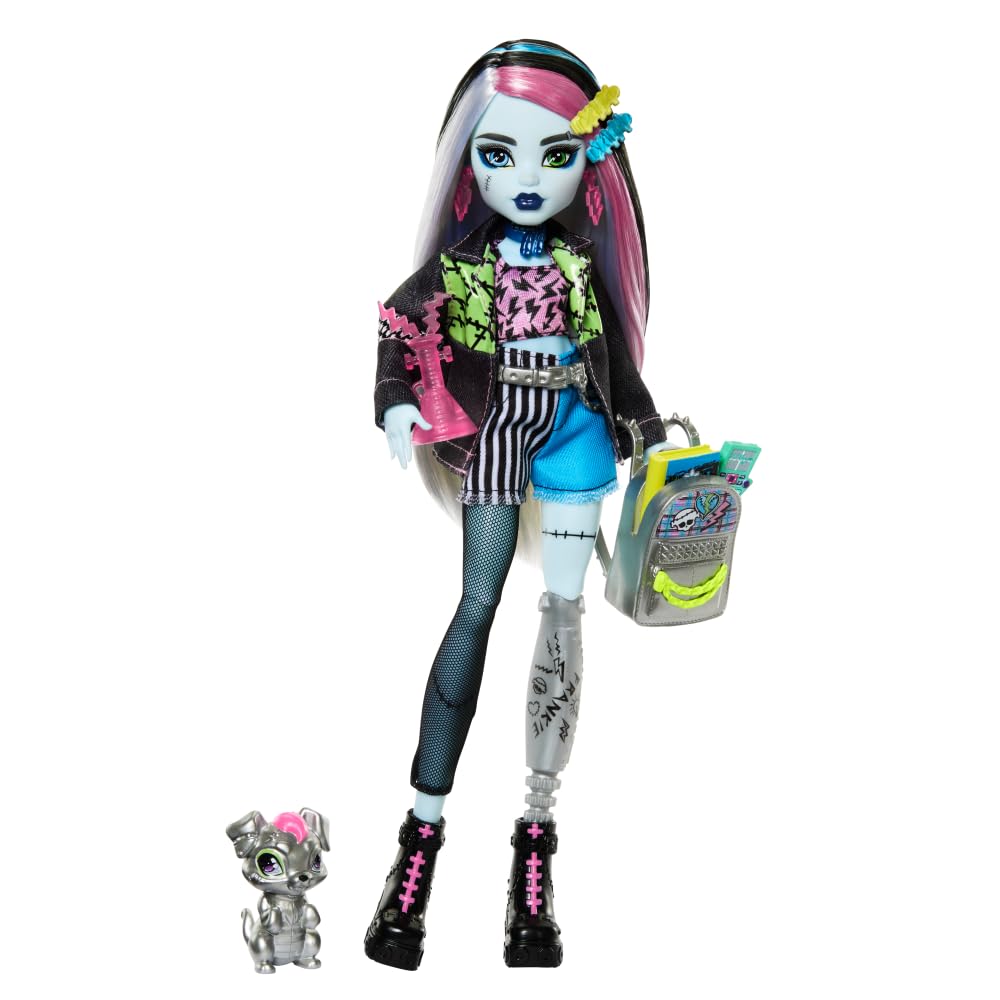 Monster High Frankie Stein doll wearing a denim jacket for bold play.