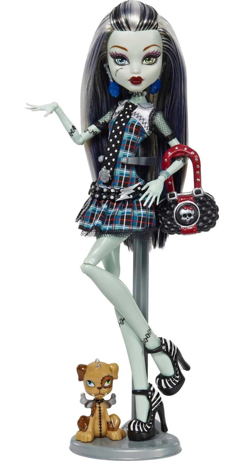 Monster High Frankie Stein doll plaid dress and high-voltage belt for authentic look.