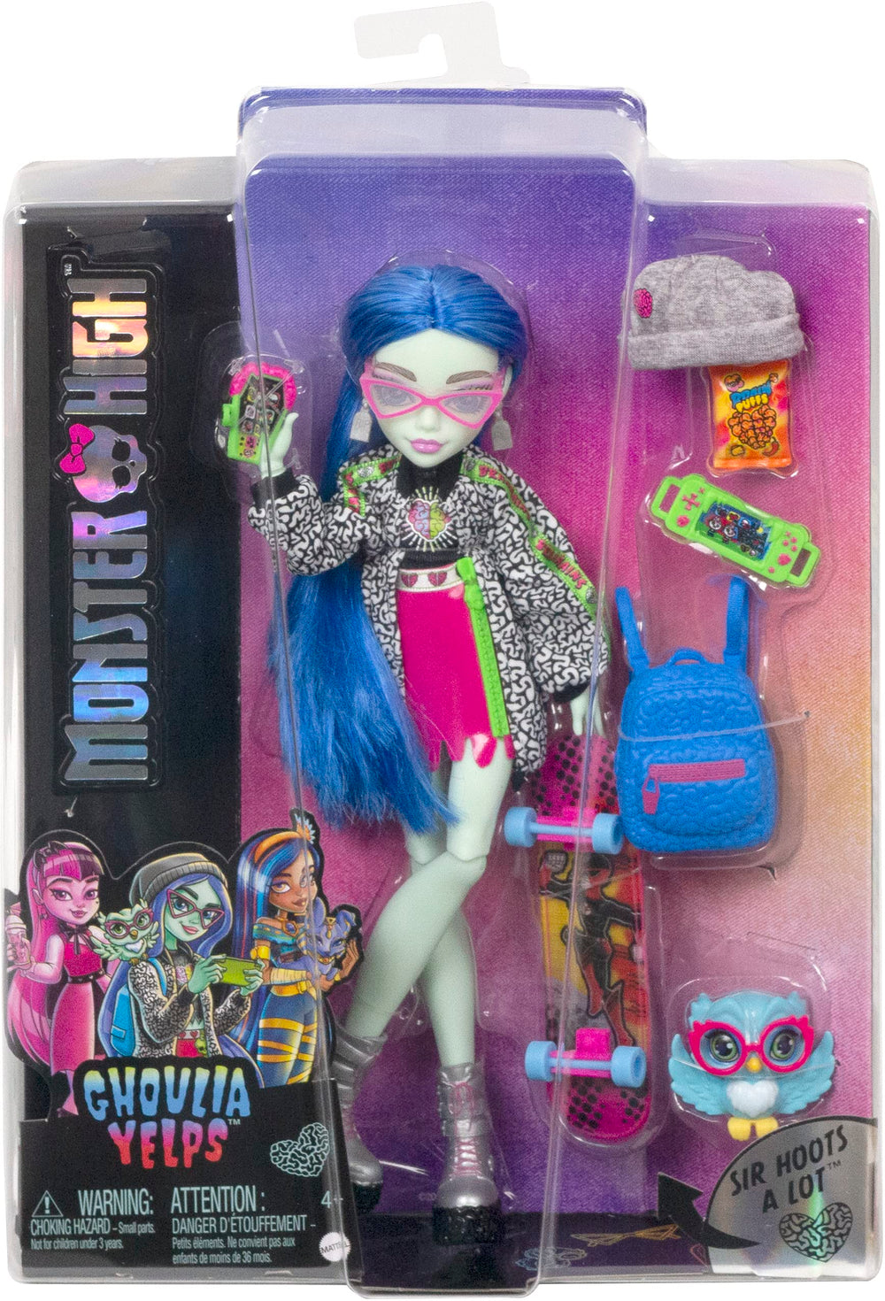 Ghoulia Yelps doll packaging highlights included pet and accessories for storytelling play