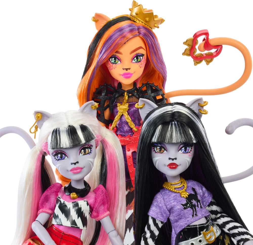 Monster High Hissfits Meowlody doll with twin pop-punk styling for coordinated performances.