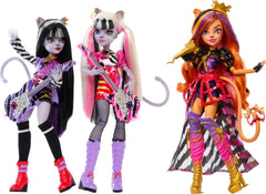 Monster High Hissfits Toralei Stripe doll in purple romper ready to perform on stage.