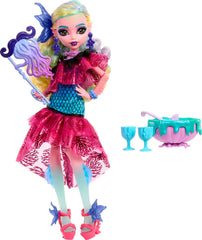 Monster High Lagoona Blue sea dress details highlight glamorous styling.