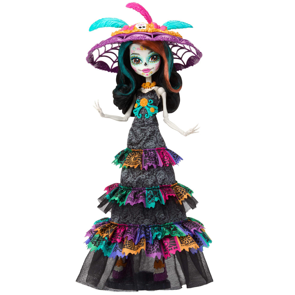 Monster High Skelita Calaveras doll in paper-banner dress for Dia de Muertos display