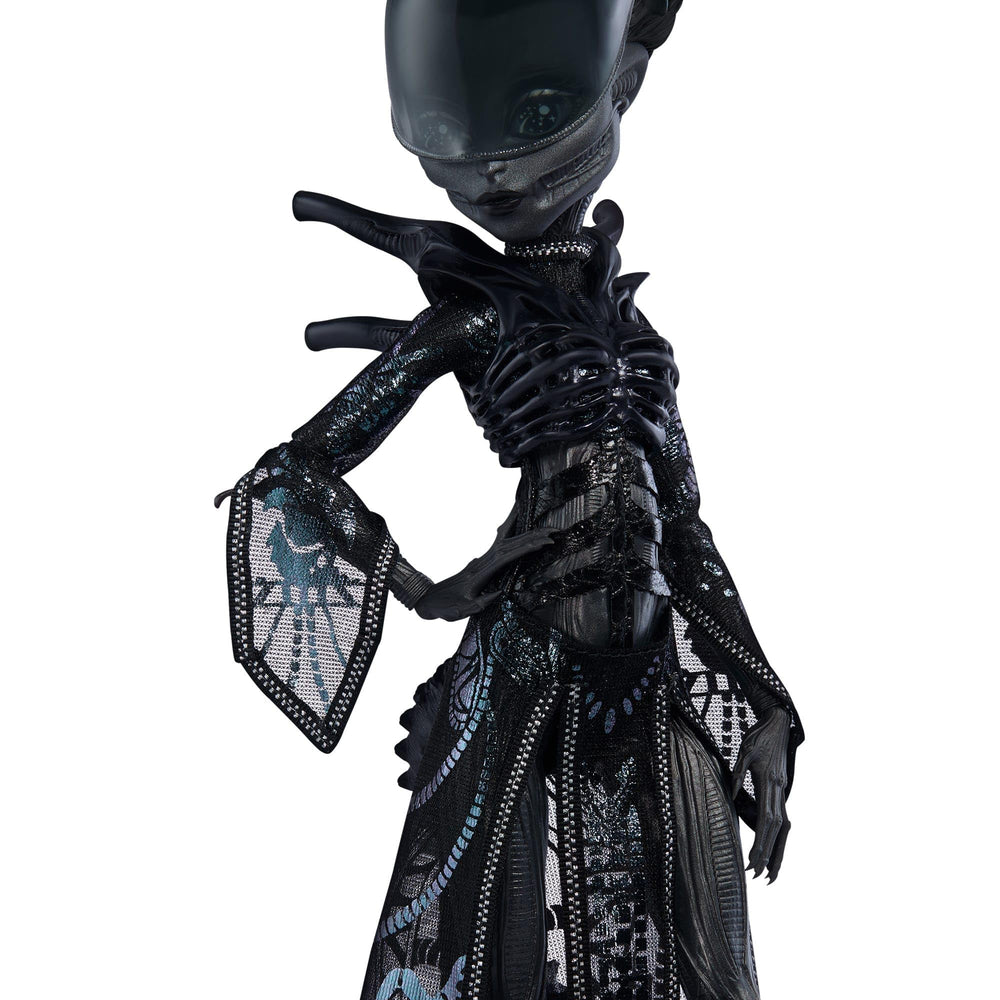 Monster High Skullector Alien Doll sheer black iridescent top and skirt look.
