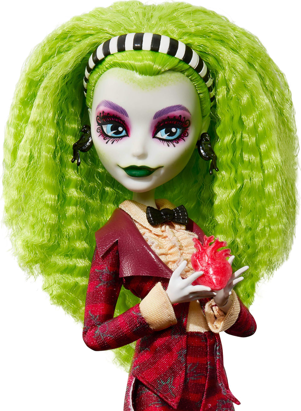 Monster High Skullector Beetlejuice and Lydia duo with heart and bouquet, ideal for display.