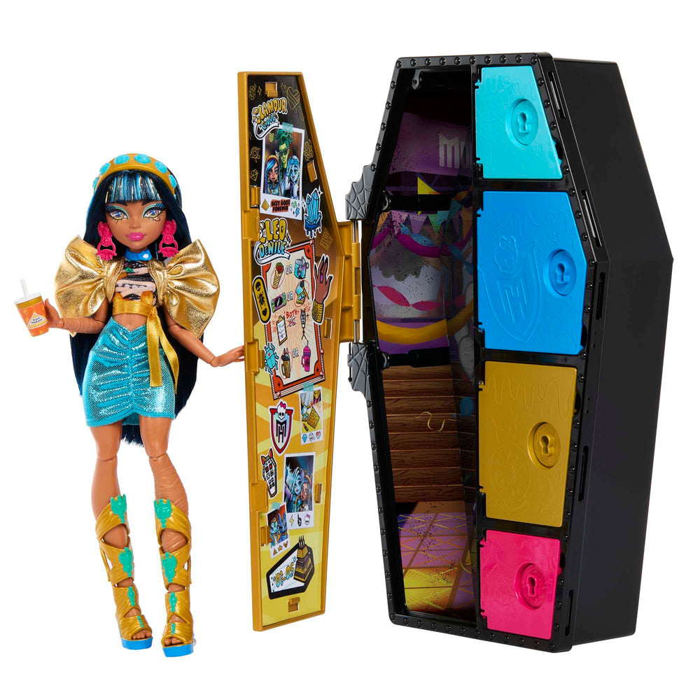 Monster High Skulltimate Secrets Cleo De Nile locker opens for storytelling and fashion storage.