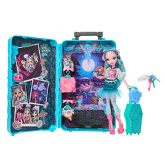 Doll-sized suitcase stores outfits and accessories for easy organization.