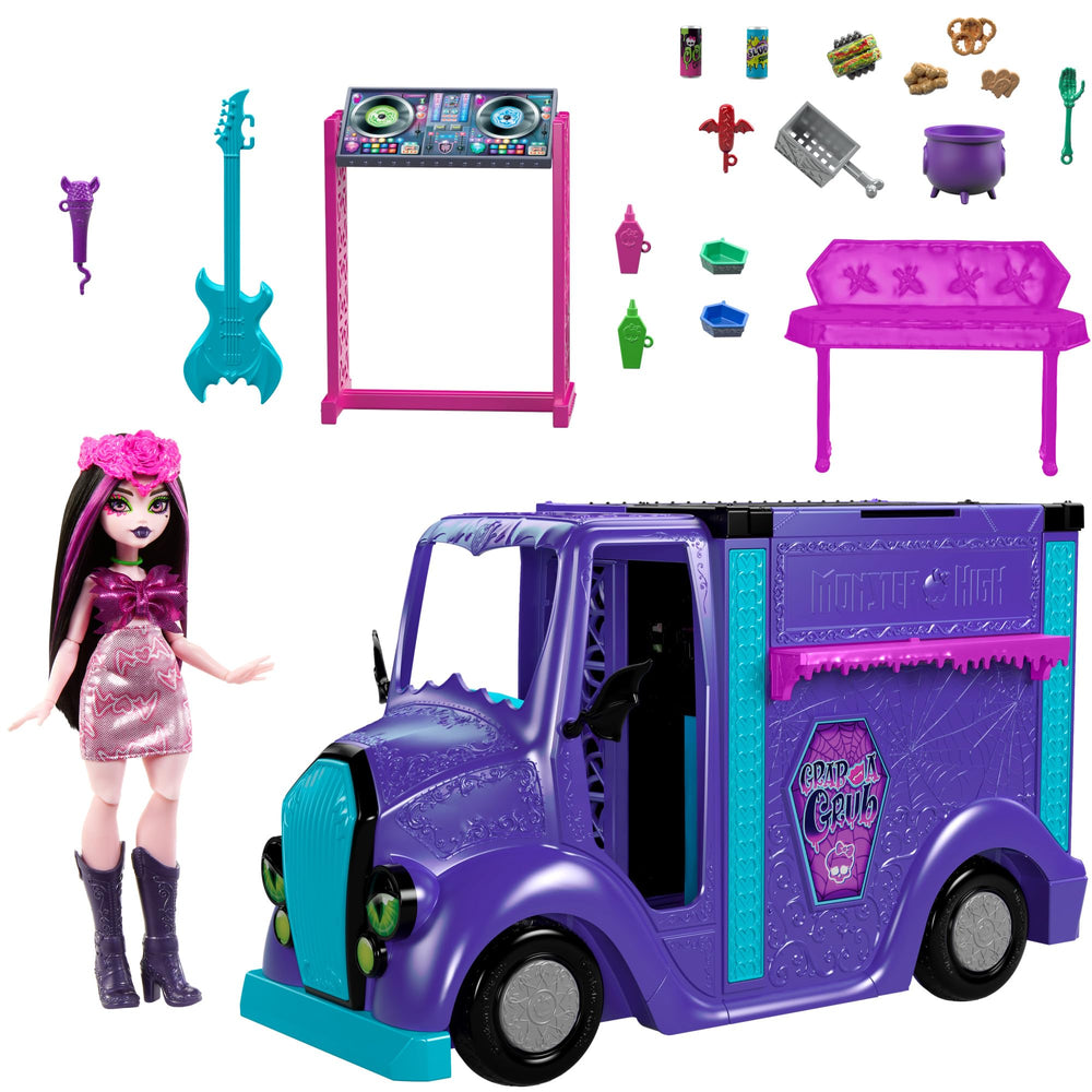 Monster High stage with DJ booth, mic, and guitar for on-stage performances.