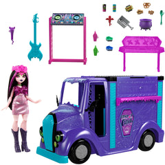 Monster High stage with DJ booth, mic, and guitar for on-stage performances.