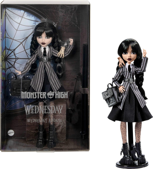 Monster High Wednesday doll in Nevermore uniform, ideal display piece for collectors.