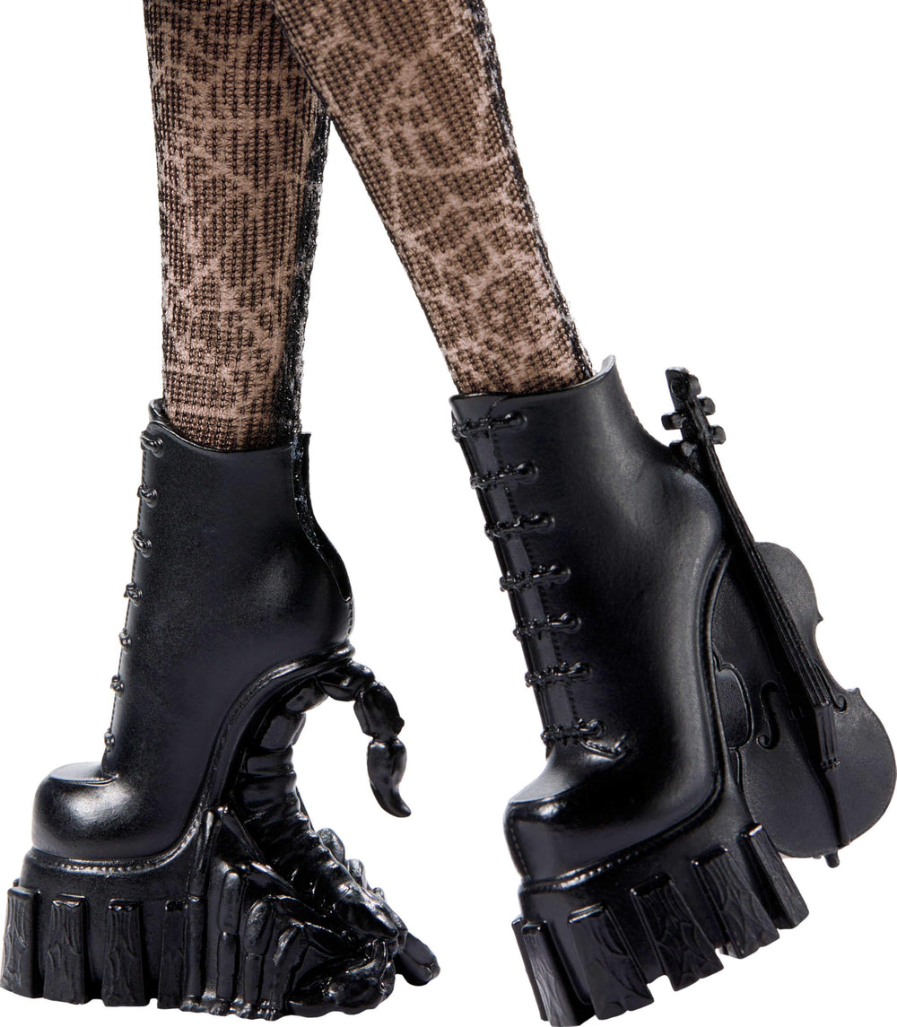 Nevermore uniform with spiderweb tights and tie, edgy look.