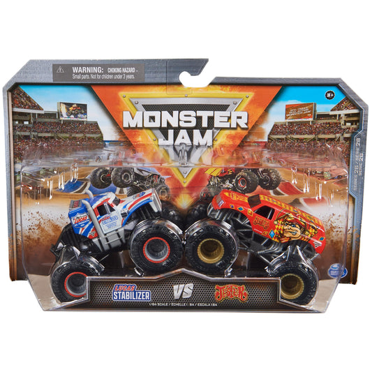 Monster Jam Lucas Stabilizer vs Jester front view with detailed 1:64 scale graphics for display