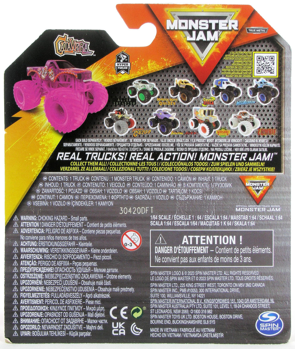 Monster Jam Calavera rear view highlights diecast durability on shelves