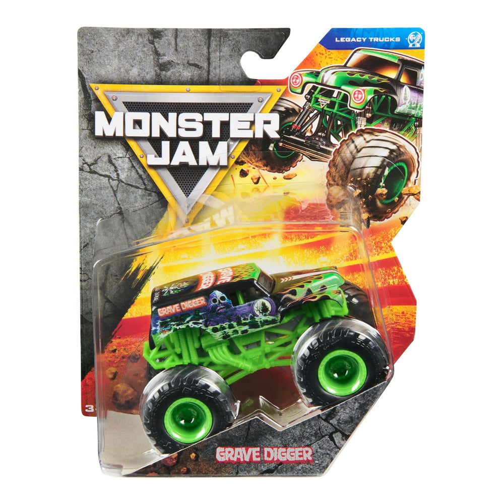 Monster Jam Grave Digger 1:64 diecast side view with authentic graphics for display and play
