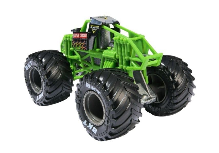 Monster Jam Grave Digger 1:64 chassis view emphasizes authentic scale details for display.