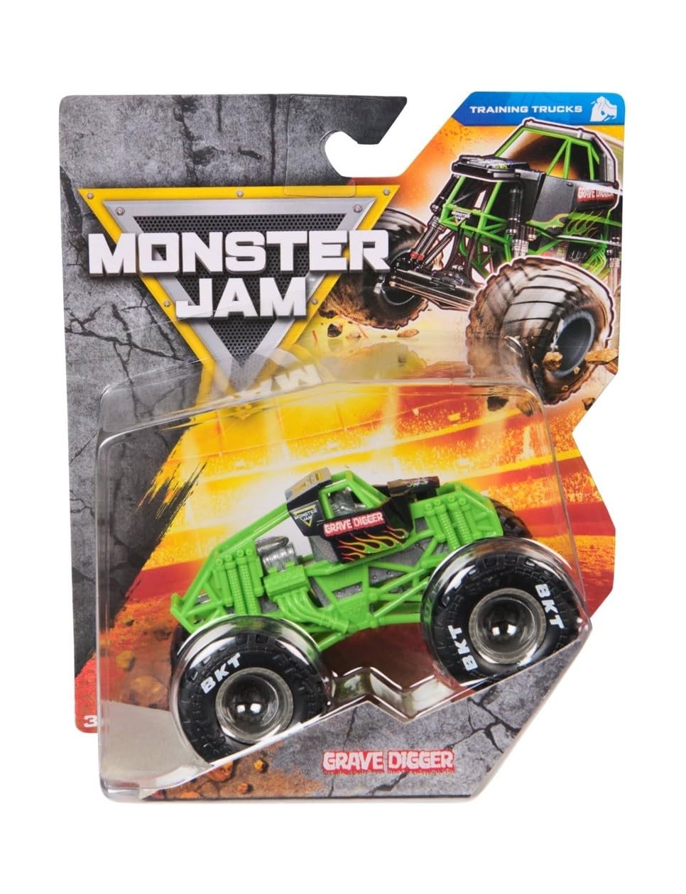 Monster Jam Grave Digger 1:64 training truck front view with authentic BKT tires for collectors.