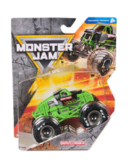 Monster Jam Grave Digger 1:64 training truck front view with authentic BKT tires for collectors.