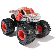 Monster Jam 2025 official 1:64 diecast truck rear detail showcasing chrome rims and sturdy chassis for durability.